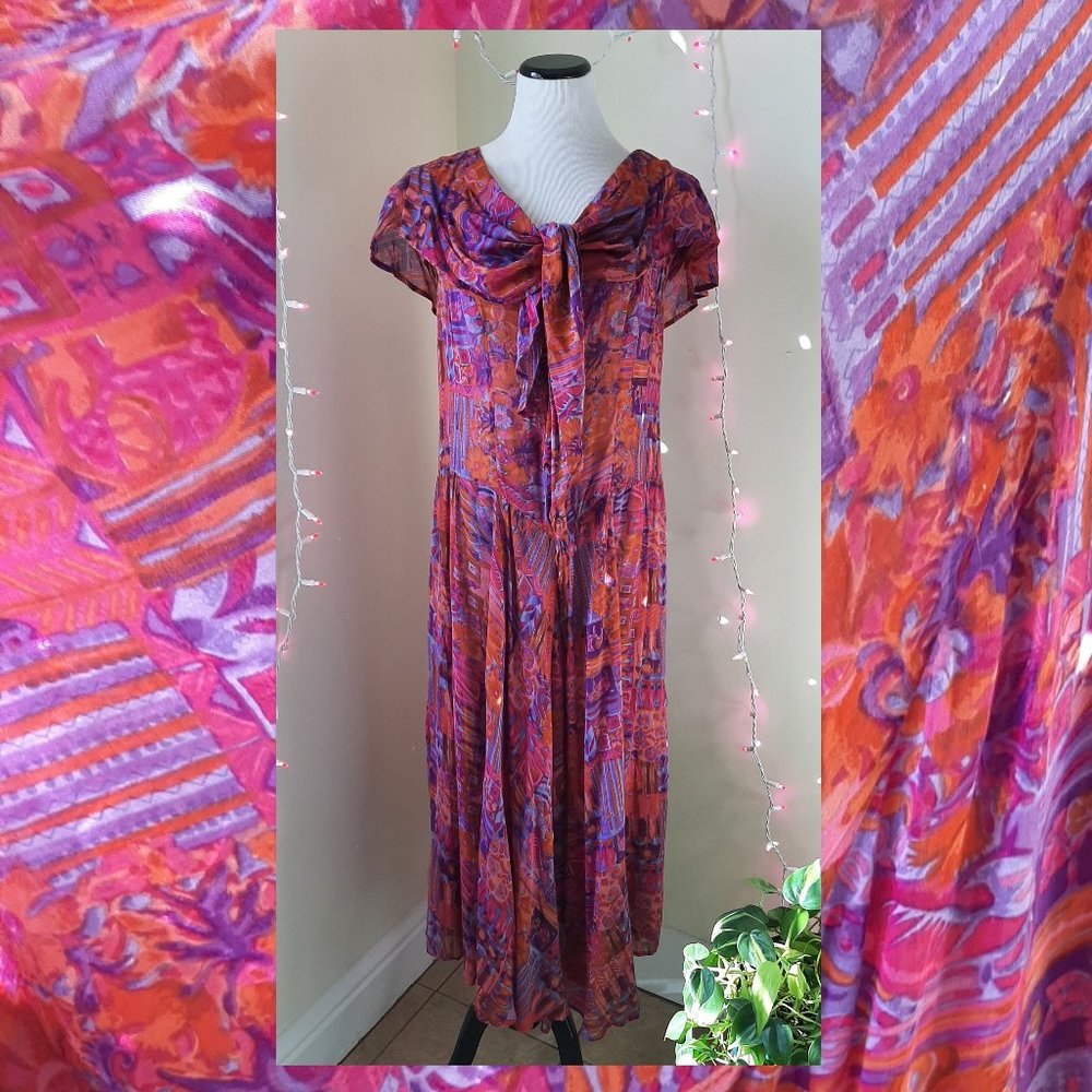 80s Sheer Purple Mauve Flutter Sleeve Sheer Gauze Maxi Dress with Hair Bow